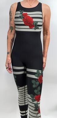 Ultracor Unitard Womens S Black Red Rose Floral Stripe Mesh Racerback NWOT